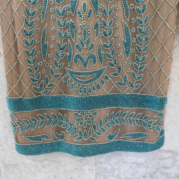 LARA {6} Dress Nude Teal Beaded Cocktail Dress Long-Sleeved - Picture 7 of 16